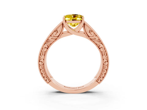 Rose gold Oval Cut Yellow Sapphire Solitaire Ring with Engraved Band and Four-Prong Setting_3