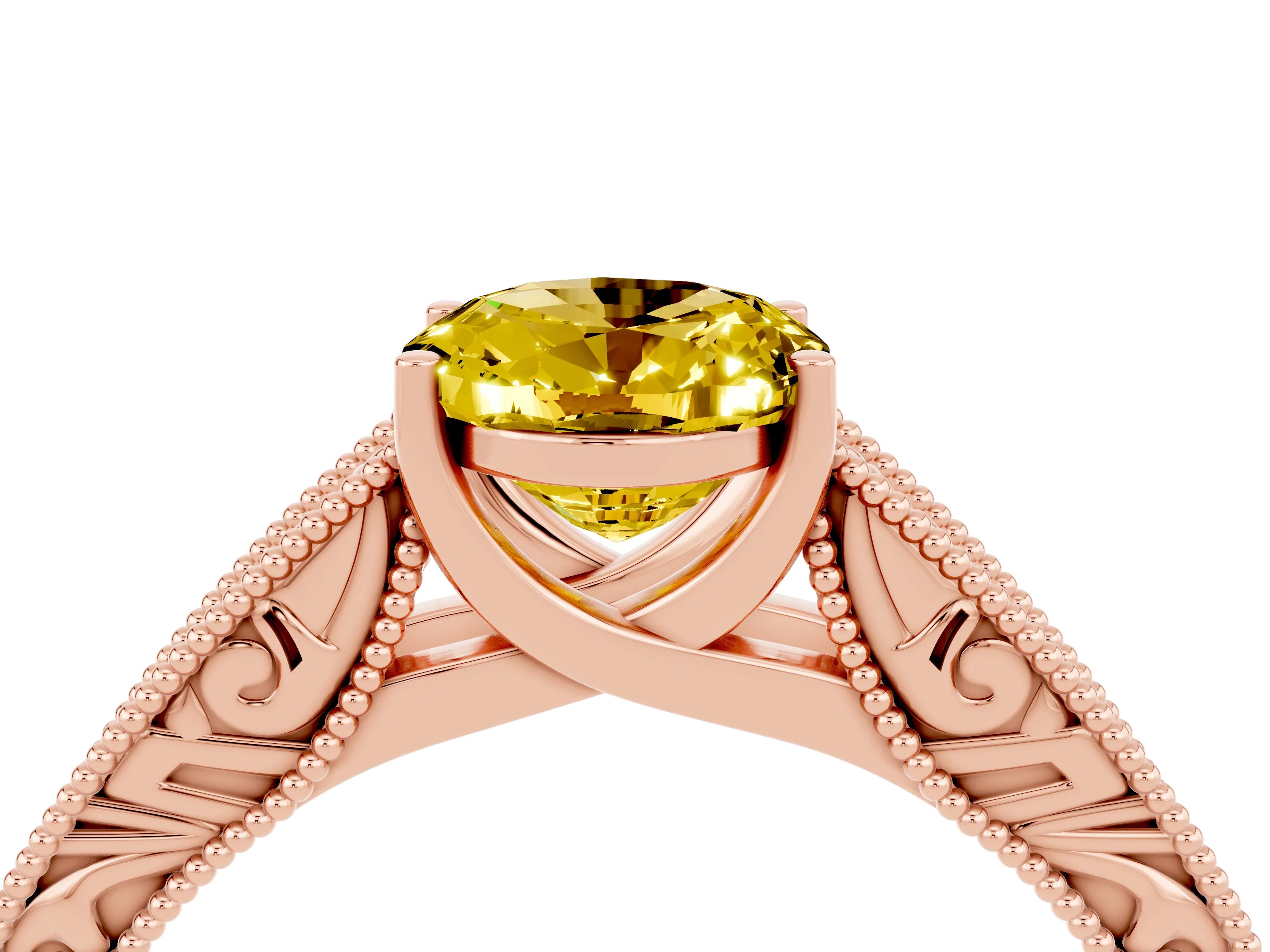 Rose gold Oval Cut Yellow Sapphire Solitaire Ring with Engraved Band and Four-Prong Setting_4