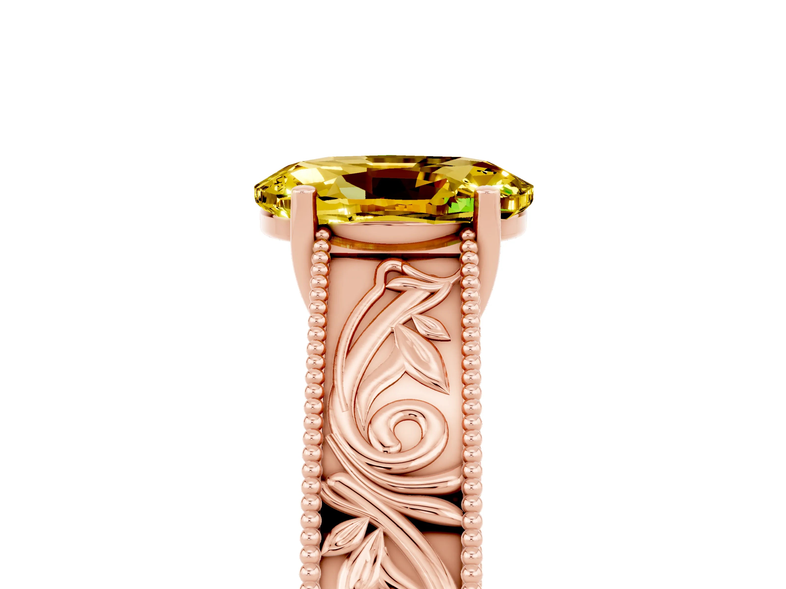 Rose gold Oval Cut Yellow Sapphire Solitaire Ring with Engraved Band and Four-Prong Setting_5