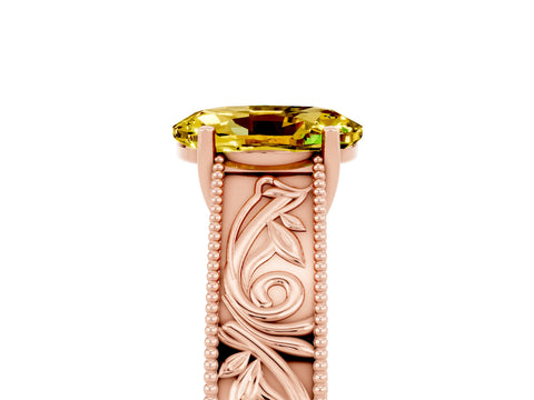 Rose gold Oval Cut Yellow Sapphire Solitaire Ring with Engraved Band and Four-Prong Setting_5