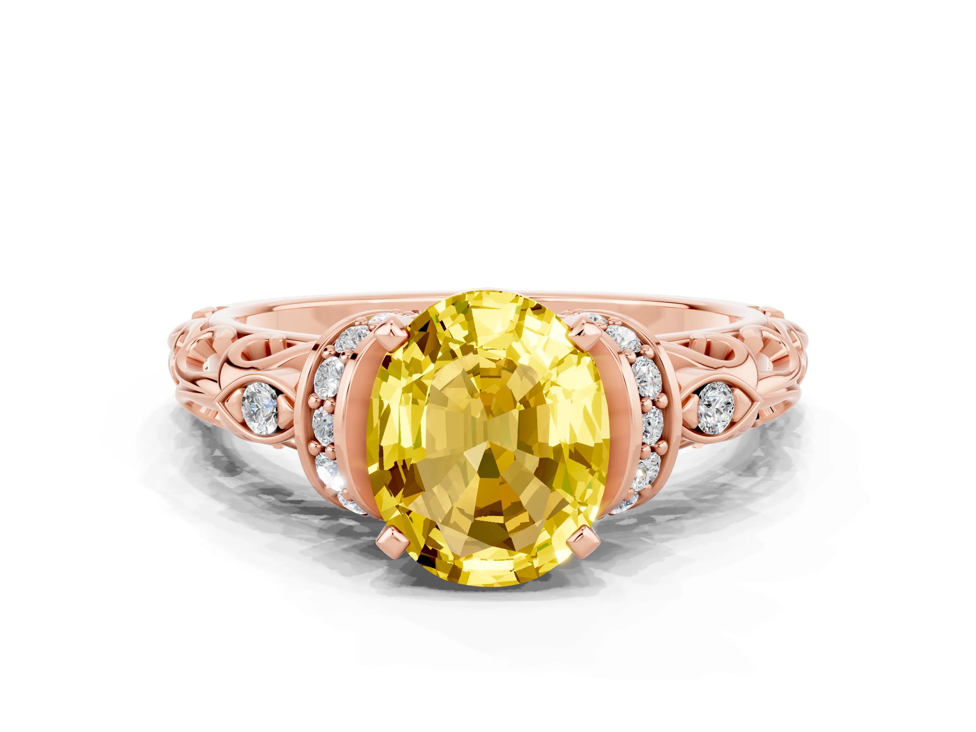 Rose gold Oval Cut Yellow Sapphire Solitaire Ring with Filigree Band and Four-Prong Setting_48