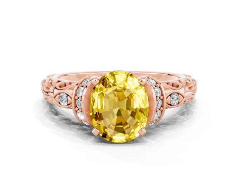 Rose gold Oval Cut Yellow Sapphire Solitaire Ring with Filigree Band and Four-Prong Setting_48