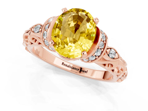 Rose gold Oval Cut Yellow Sapphire Solitaire Ring with Filigree Band and Four-Prong Setting_49