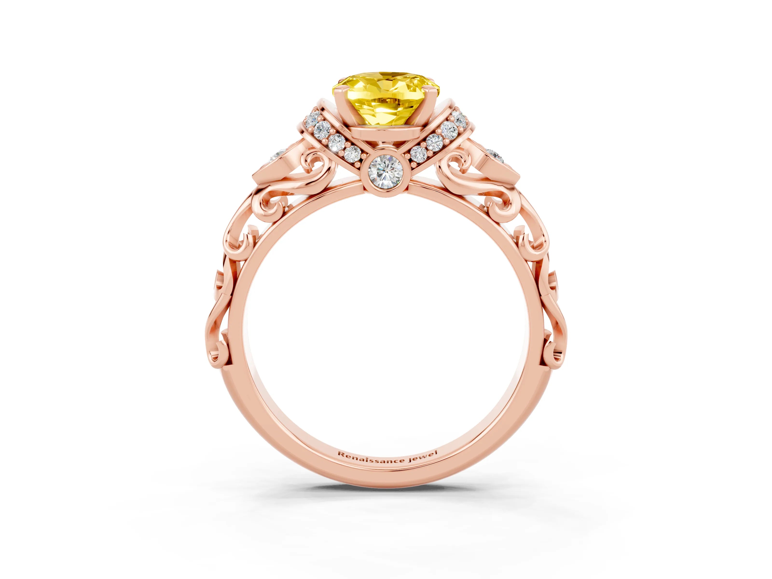Rose gold Oval Cut Yellow Sapphire Solitaire Ring with Filigree Band and Four-Prong Setting_51