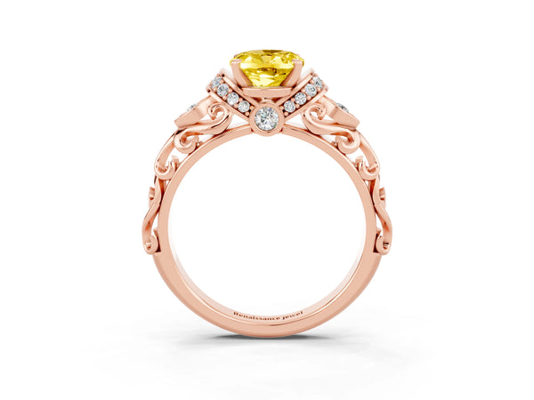 Rose gold Oval Cut Yellow Sapphire Solitaire Ring with Filigree Band and Four-Prong Setting