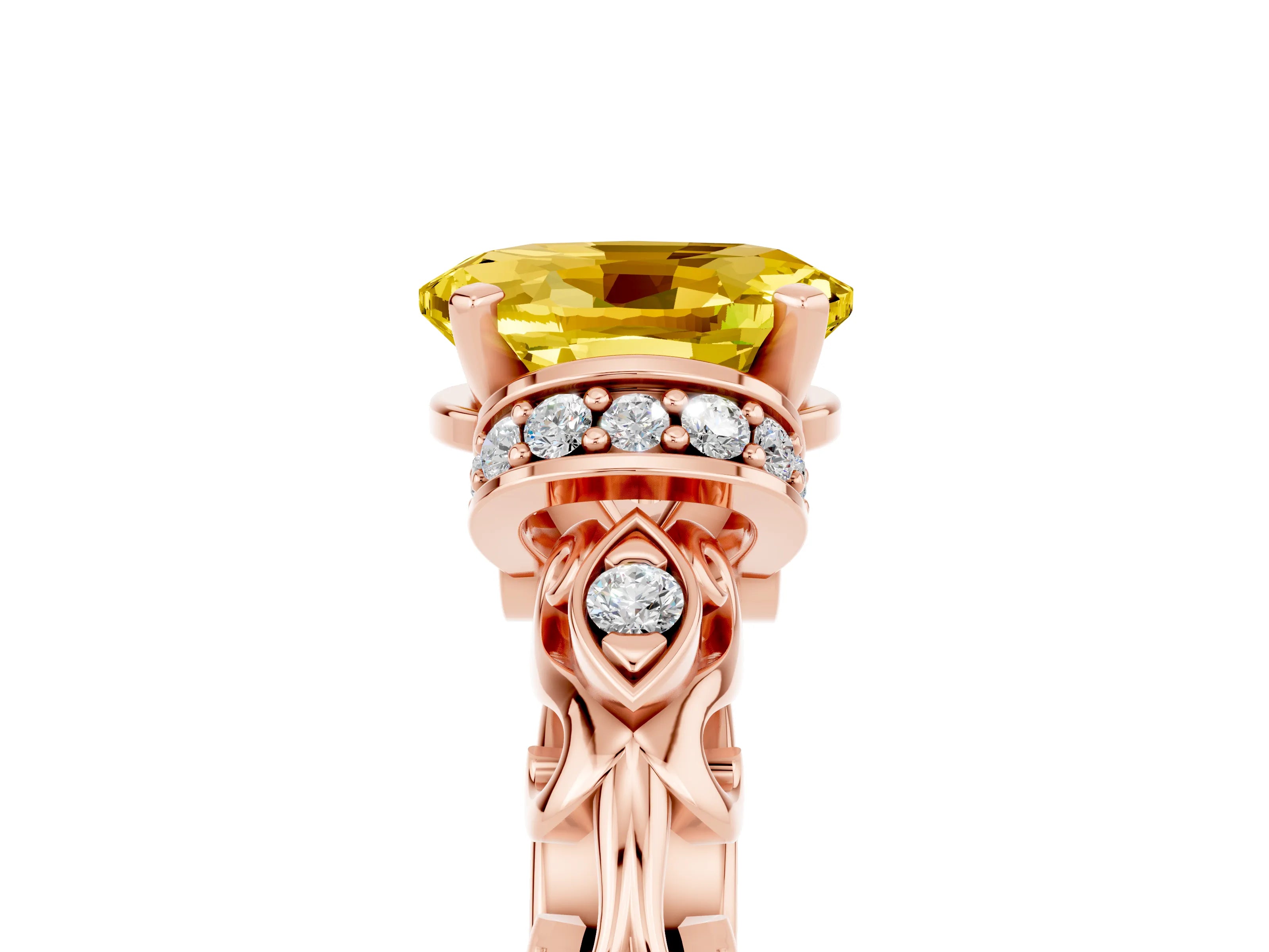 Rose gold Oval Cut Yellow Sapphire Solitaire Ring with Filigree Band and Four-Prong Setting_53
