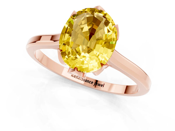 Rose gold Oval Cut Yellow Sapphire Solitaire Ring with Flower Prong Setting and Classic Band