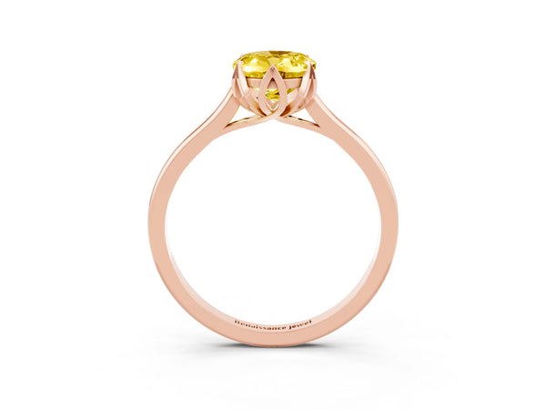Rose gold Oval Cut Yellow Sapphire Solitaire Ring with Flower Prong Setting and Classic Band