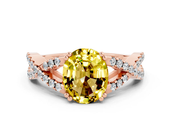 Rose gold Oval Cut Yellow Sapphire Solitaire Ring with Four-Prong Setting and Twisted Pavé Band