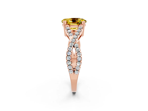 Rose gold Oval Cut Yellow Sapphire Solitaire Ring with Four-Prong Setting and Twisted Pavé Band