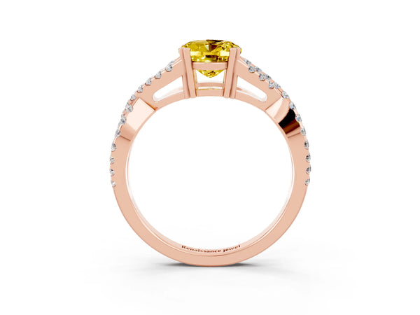 Rose gold Oval Cut Yellow Sapphire Solitaire Ring with Four-Prong Setting and Twisted Pavé Band