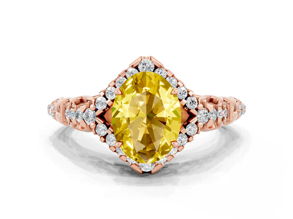 Rose gold Oval Cut Yellow Sapphire Solitaire Ring with Hidden Halo and Pavé Band