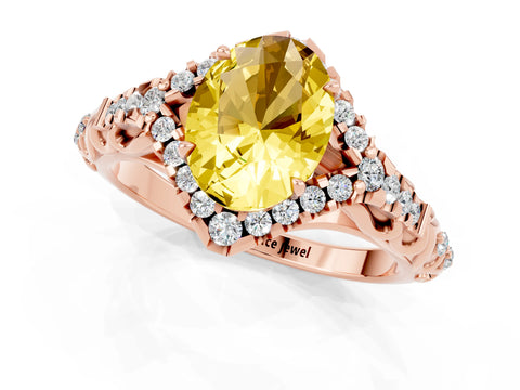 Rose gold Oval Cut Yellow Sapphire Solitaire Ring with Hidden Halo and Pavé Band_13