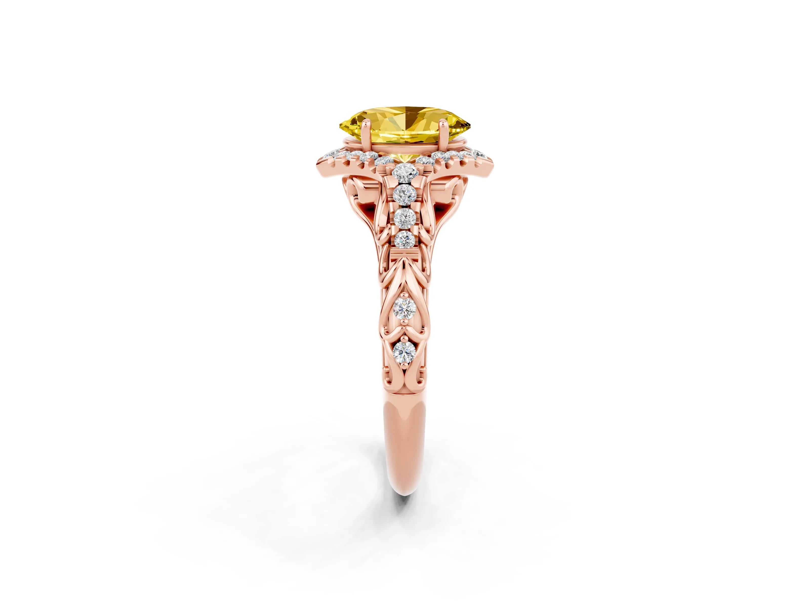 Rose gold Oval Cut Yellow Sapphire Solitaire Ring with Hidden Halo and Pavé Band_14
