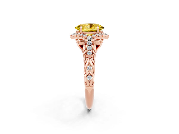 Rose gold Oval Cut Yellow Sapphire Solitaire Ring with Hidden Halo and Pavé Band