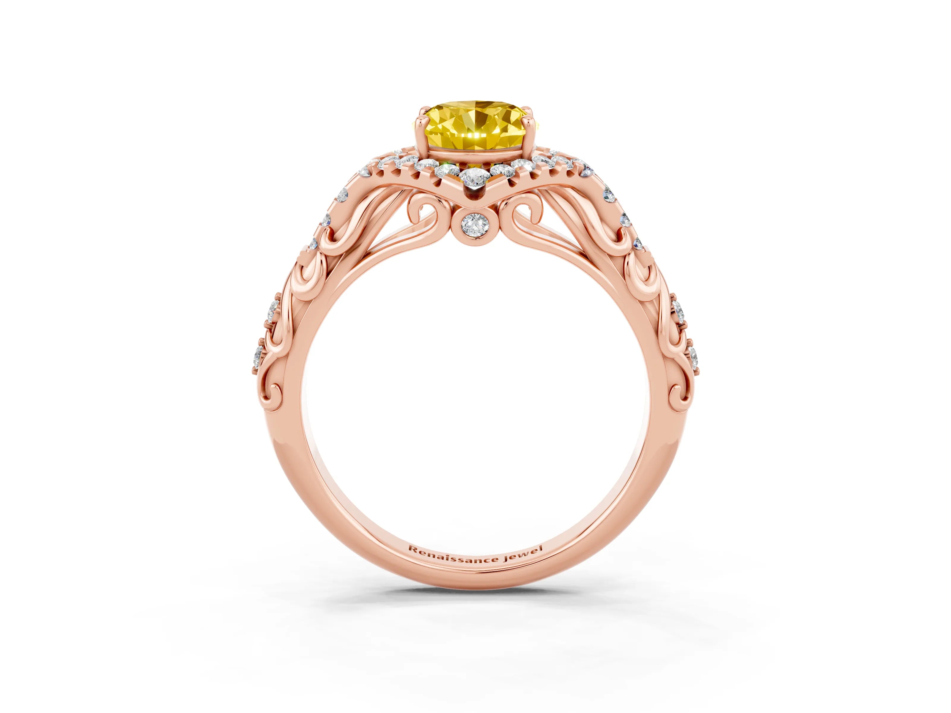 Rose gold Oval Cut Yellow Sapphire Solitaire Ring with Hidden Halo and Pavé Band_15