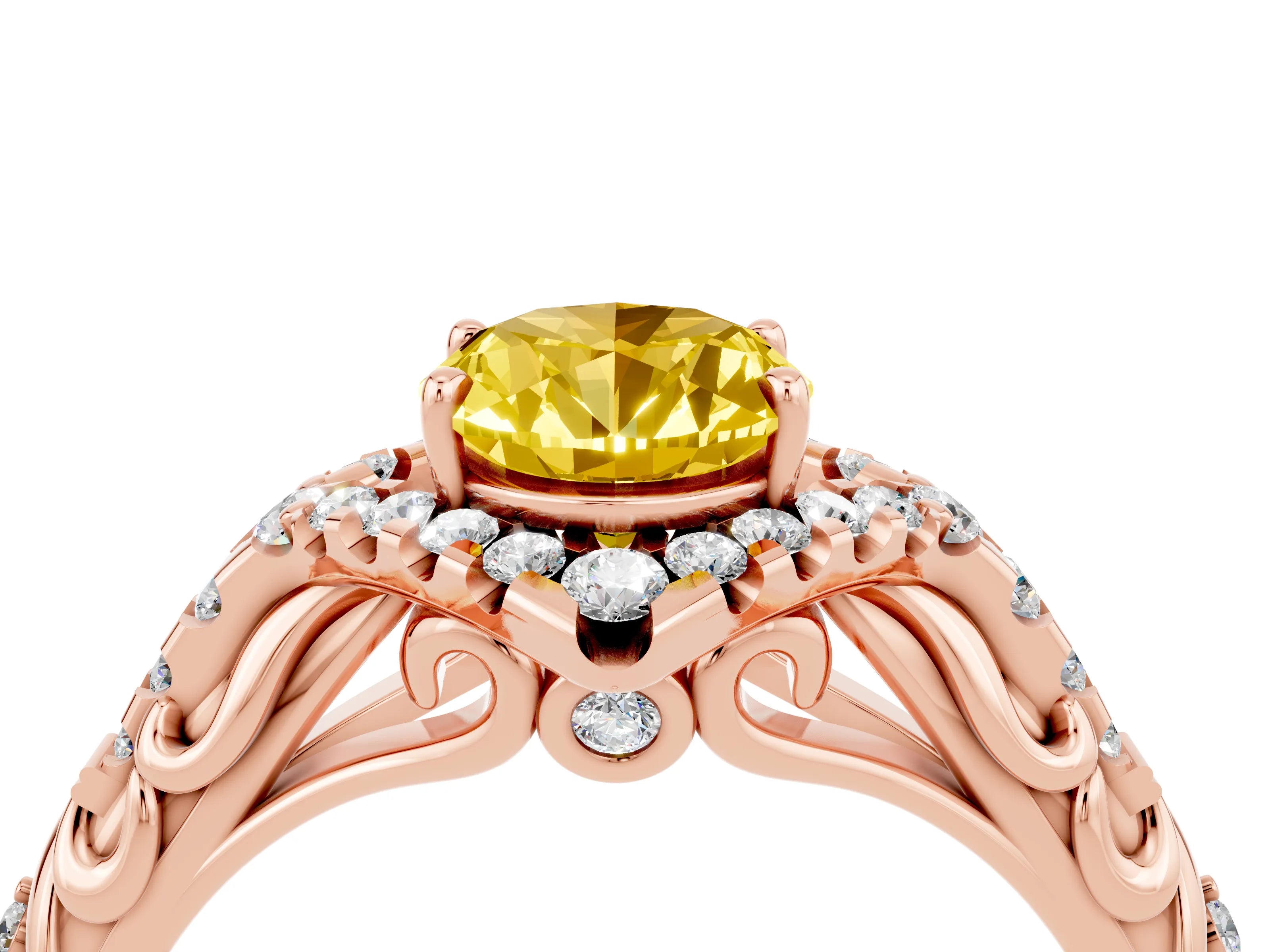 Rose gold Oval Cut Yellow Sapphire Solitaire Ring with Hidden Halo and Pavé Band_16