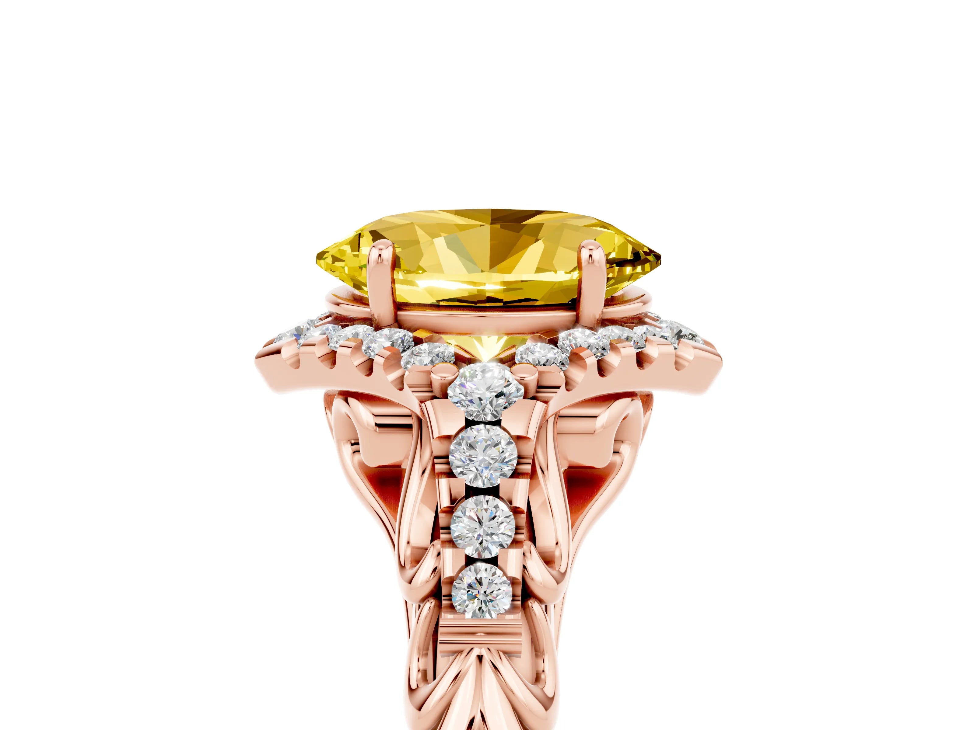 Rose gold Oval Cut Yellow Sapphire Solitaire Ring with Hidden Halo and Pavé Band_17