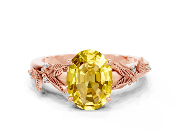 Rose gold Oval Cut Yellow Sapphire Solitaire Ring with Leaf Motif Band and Four-Prong Setting