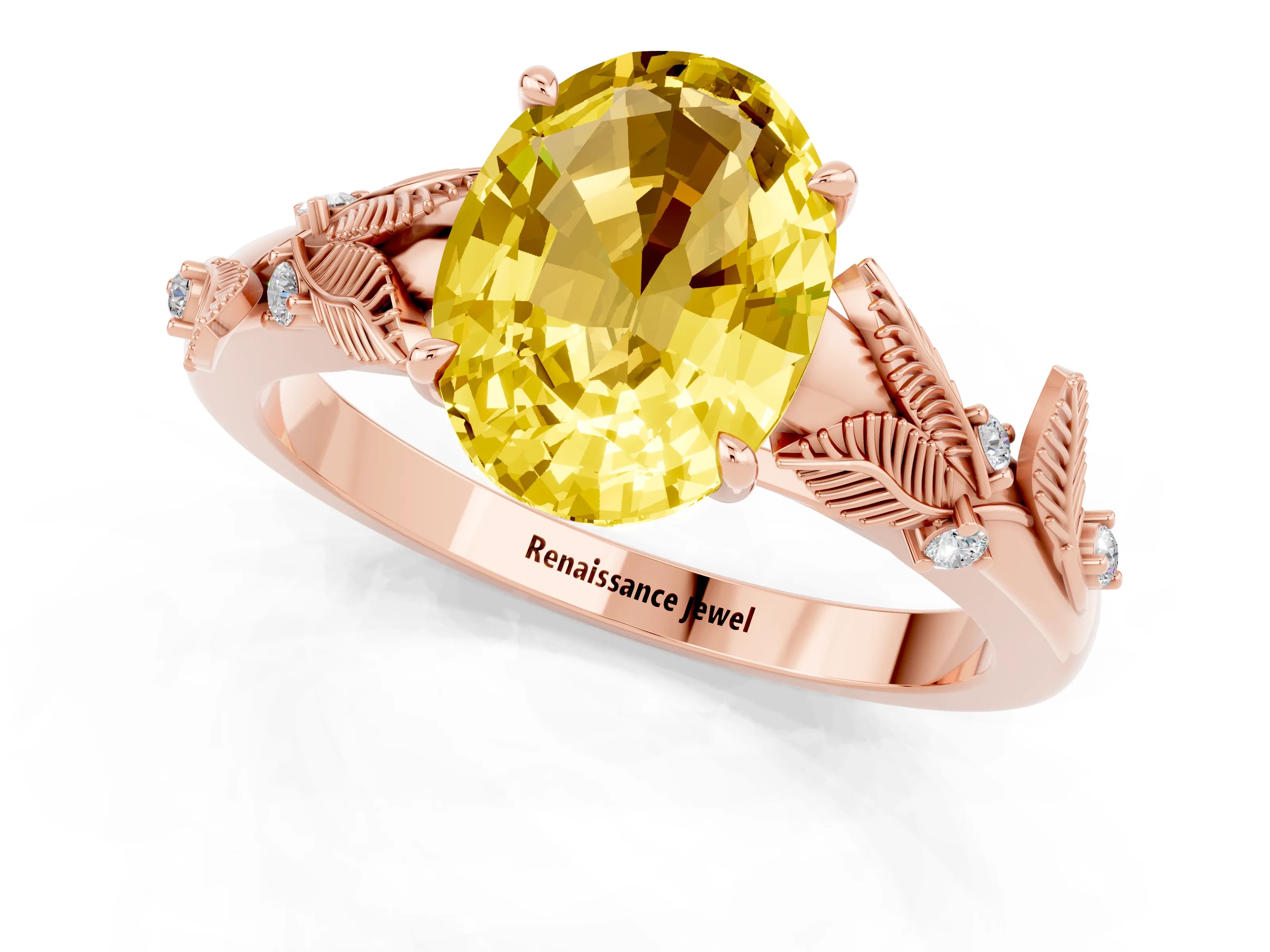 Rose gold Oval Cut Yellow Sapphire Solitaire Ring with Leaf Motif Band and Four-Prong Setting_1