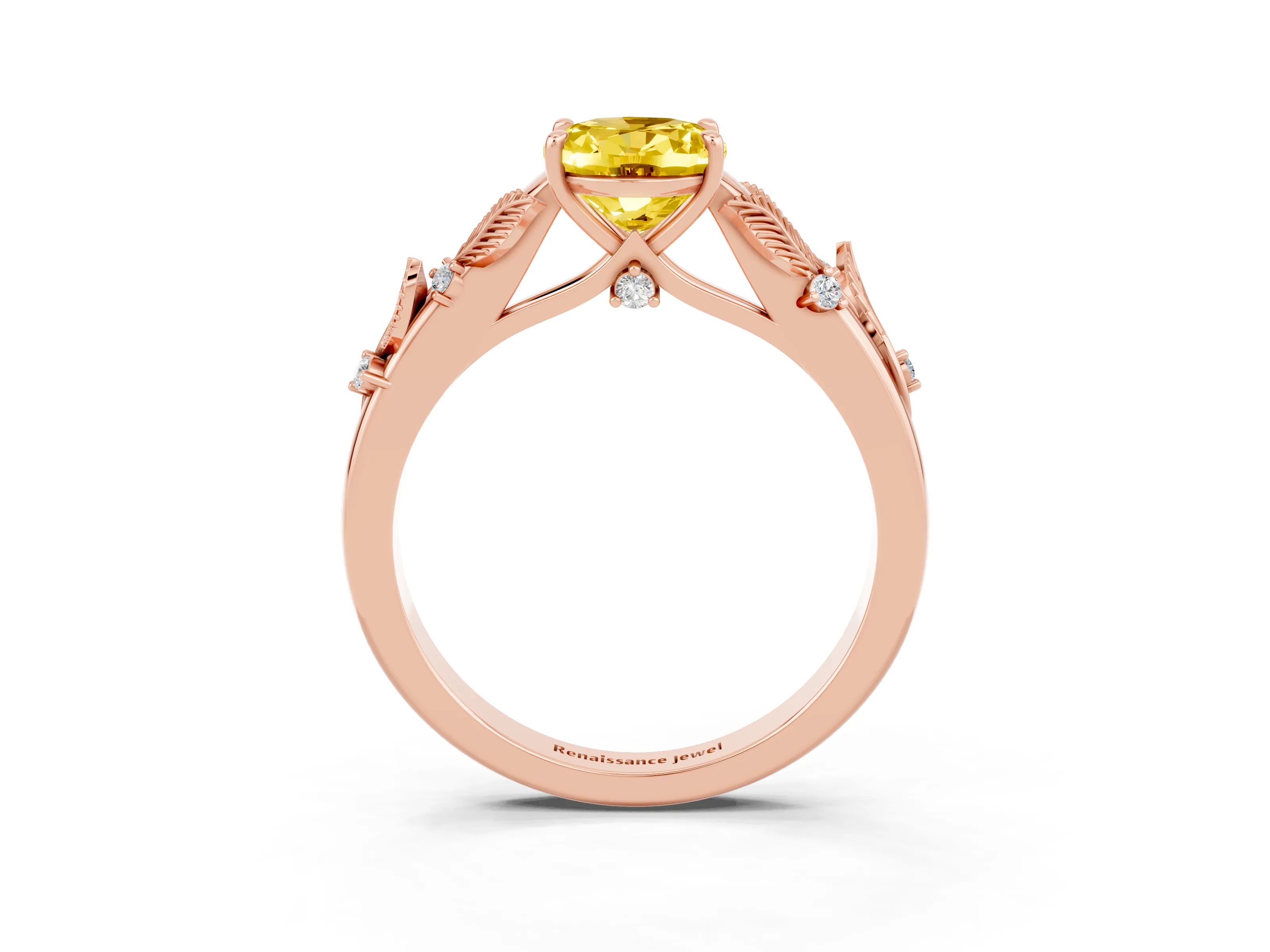 Rose gold Oval Cut Yellow Sapphire Solitaire Ring with Leaf Motif Band and Four-Prong Setting_3