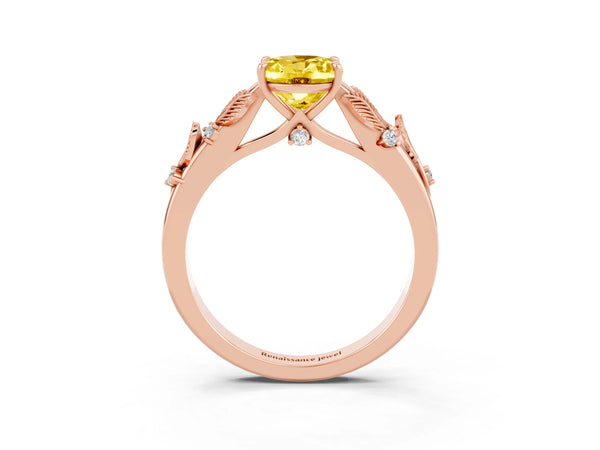Rose gold Oval Cut Yellow Sapphire Solitaire Ring with Leaf Motif Band and Four-Prong Setting