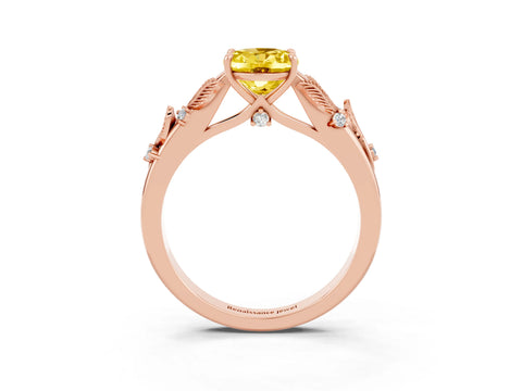 Rose gold Oval Cut Yellow Sapphire Solitaire Ring with Leaf Motif Band and Four-Prong Setting_3