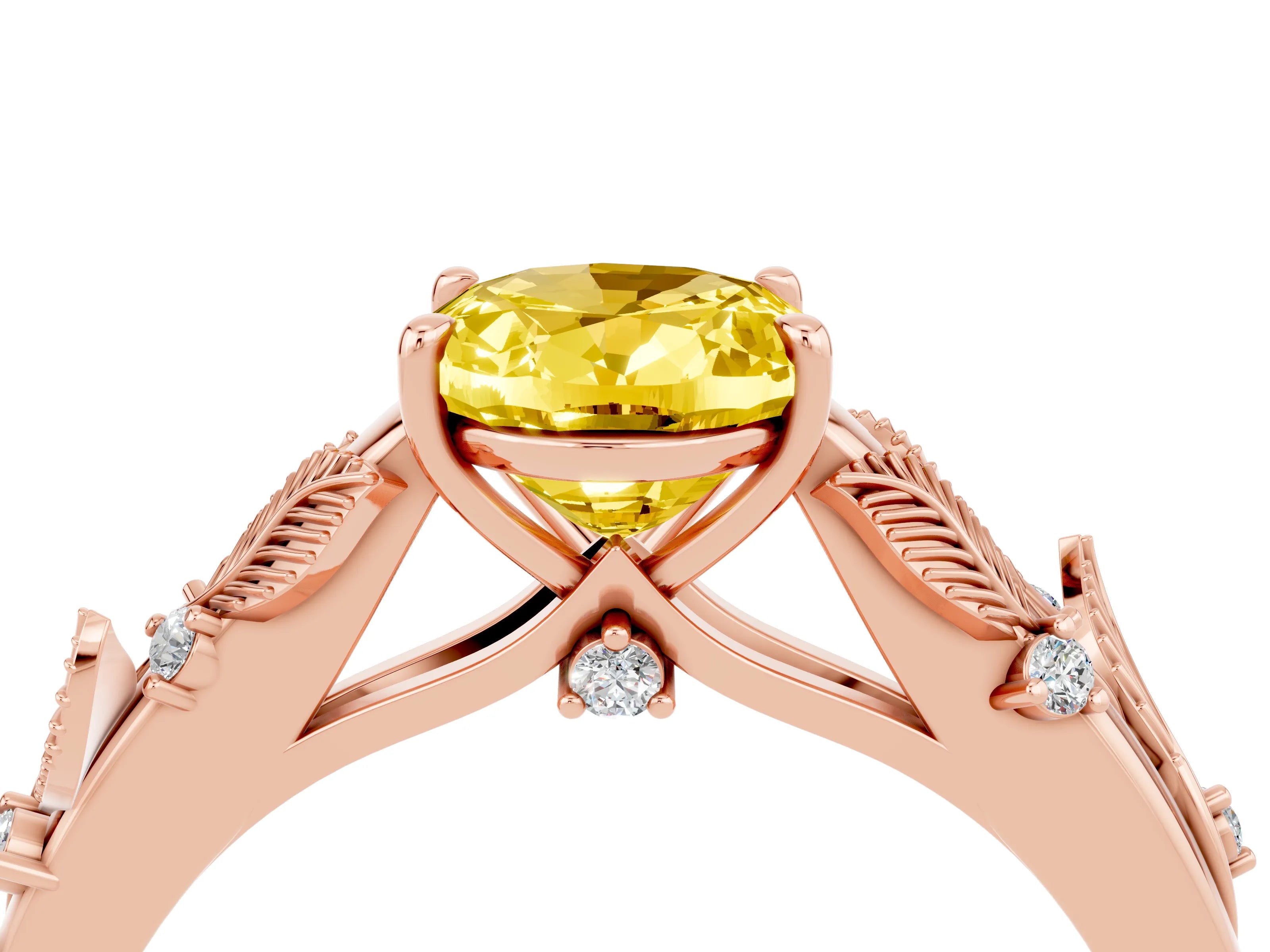 Rose gold Oval Cut Yellow Sapphire Solitaire Ring with Leaf Motif Band and Four-Prong Setting_4