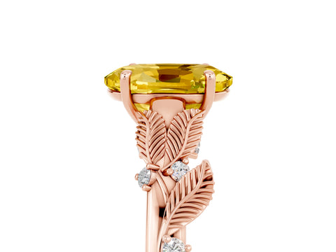 Rose gold Oval Cut Yellow Sapphire Solitaire Ring with Leaf Motif Band and Four-Prong Setting_5