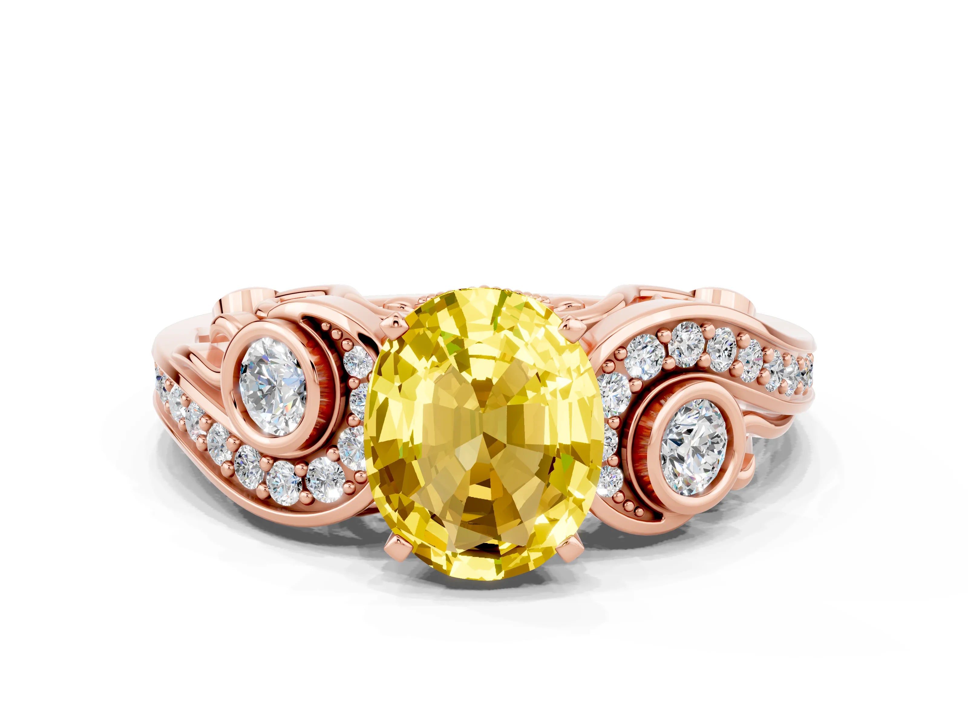 Rose gold Oval Cut Yellow Sapphire Solitaire Ring with Milgrain Pavé Band and Four-Prong Setting_24