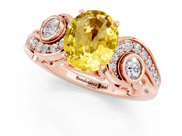 Rose gold Oval Cut Yellow Sapphire Solitaire Ring with Milgrain Pavé Band and Four-Prong Setting