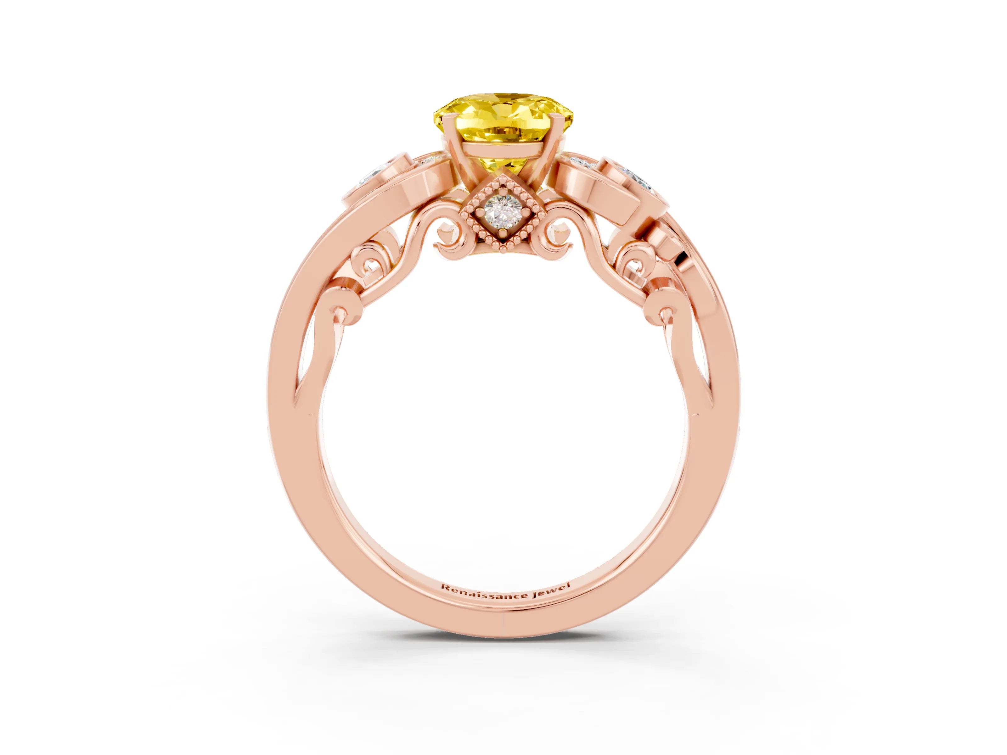 Rose gold Oval Cut Yellow Sapphire Solitaire Ring with Milgrain Pavé Band and Four-Prong Setting_27
