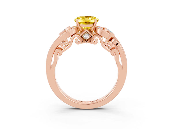 Rose gold Oval Cut Yellow Sapphire Solitaire Ring with Milgrain Pavé Band and Four-Prong Setting