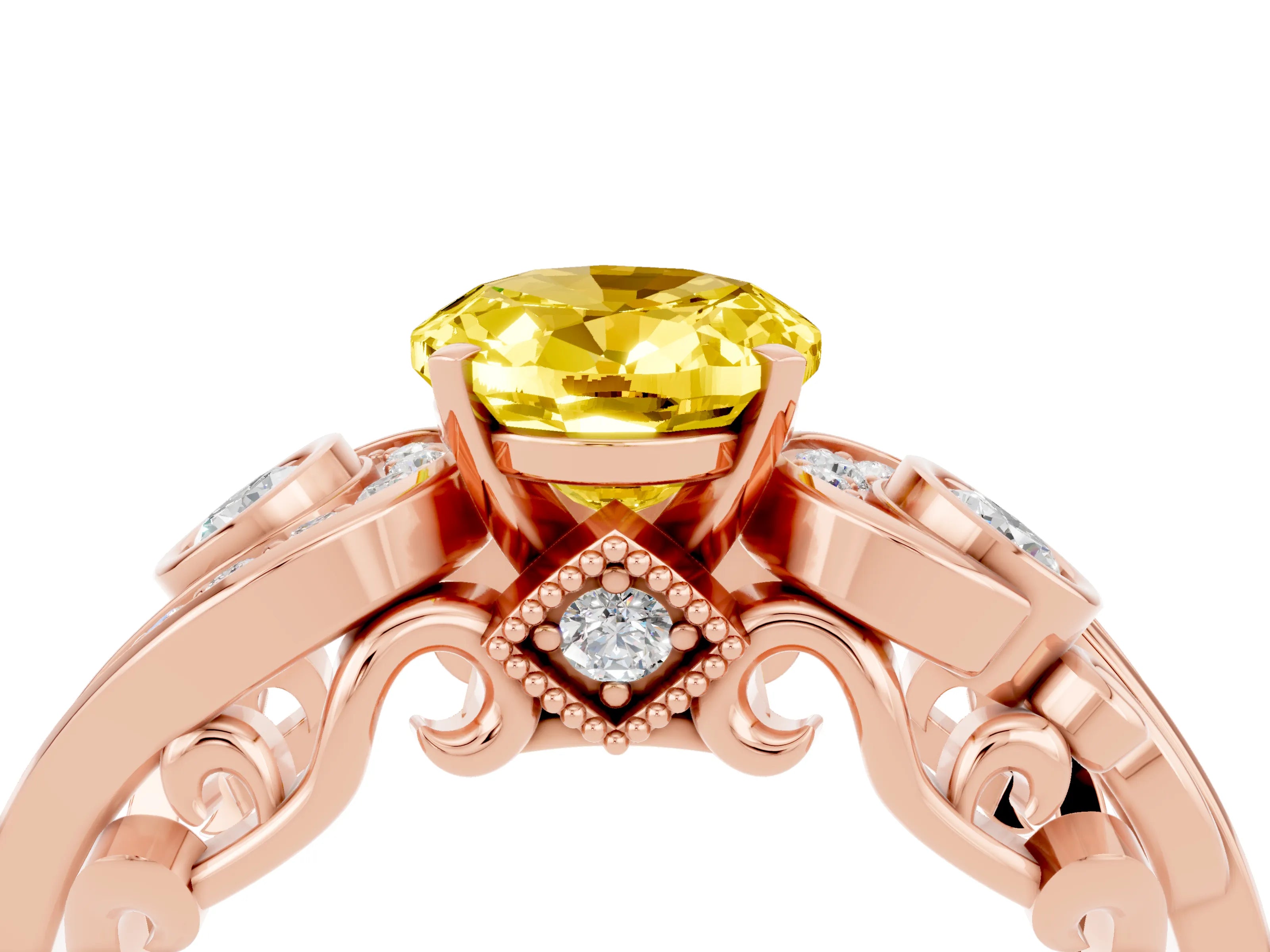 Rose gold Oval Cut Yellow Sapphire Solitaire Ring with Milgrain Pavé Band and Four-Prong Setting_28
