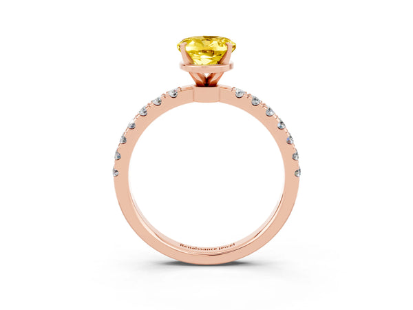 Rose gold Oval Cut Yellow Sapphire Solitaire Ring with Pavé Accents and Four-Prong Setting