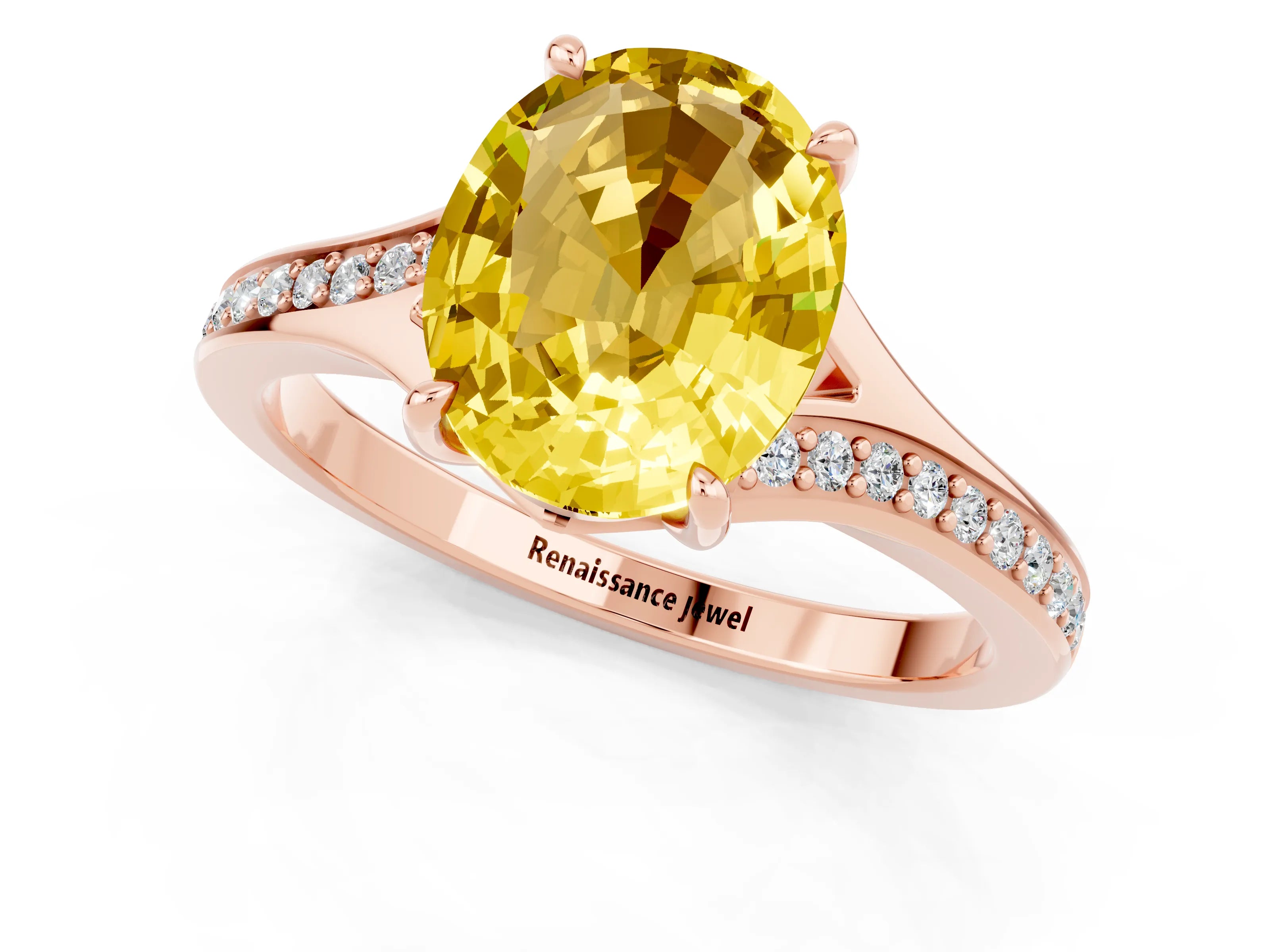 Rose gold Oval Cut Yellow Sapphire Solitaire Ring with Pavé Band and Prong Setting_13