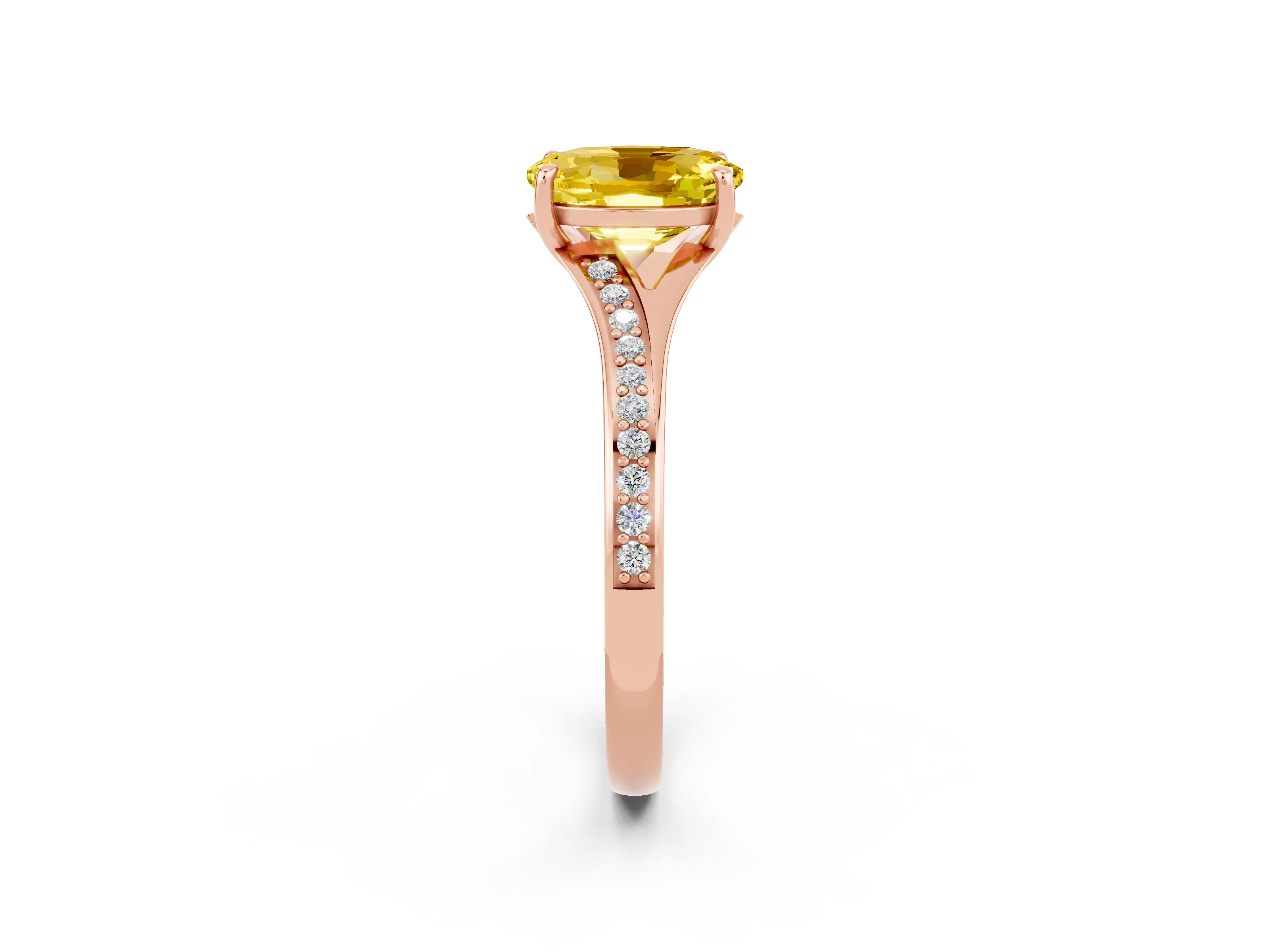 Rose gold Oval Cut Yellow Sapphire Solitaire Ring with Pavé Band and Prong Setting_14