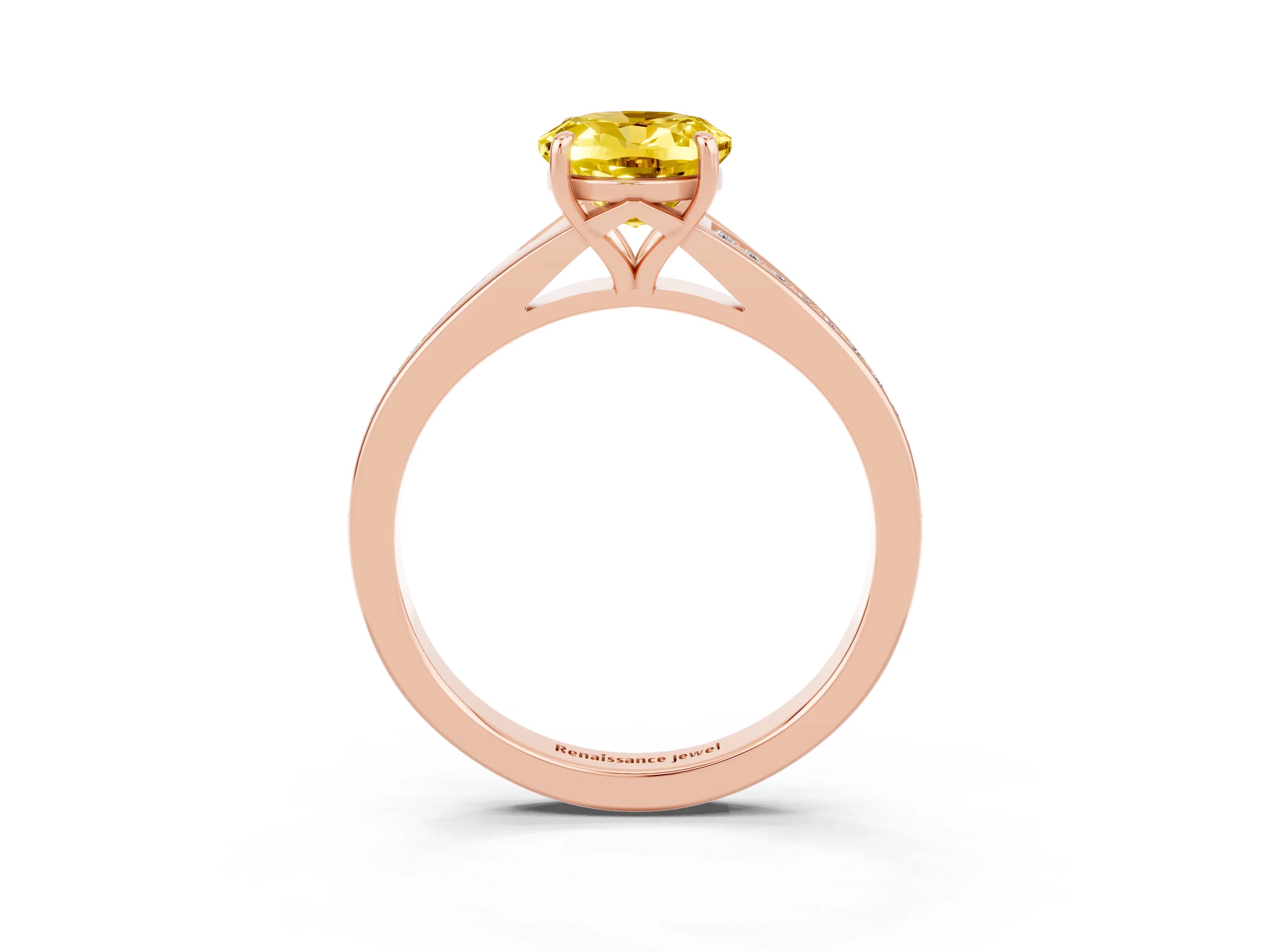 Rose gold Oval Cut Yellow Sapphire Solitaire Ring with Pavé Band and Prong Setting_15