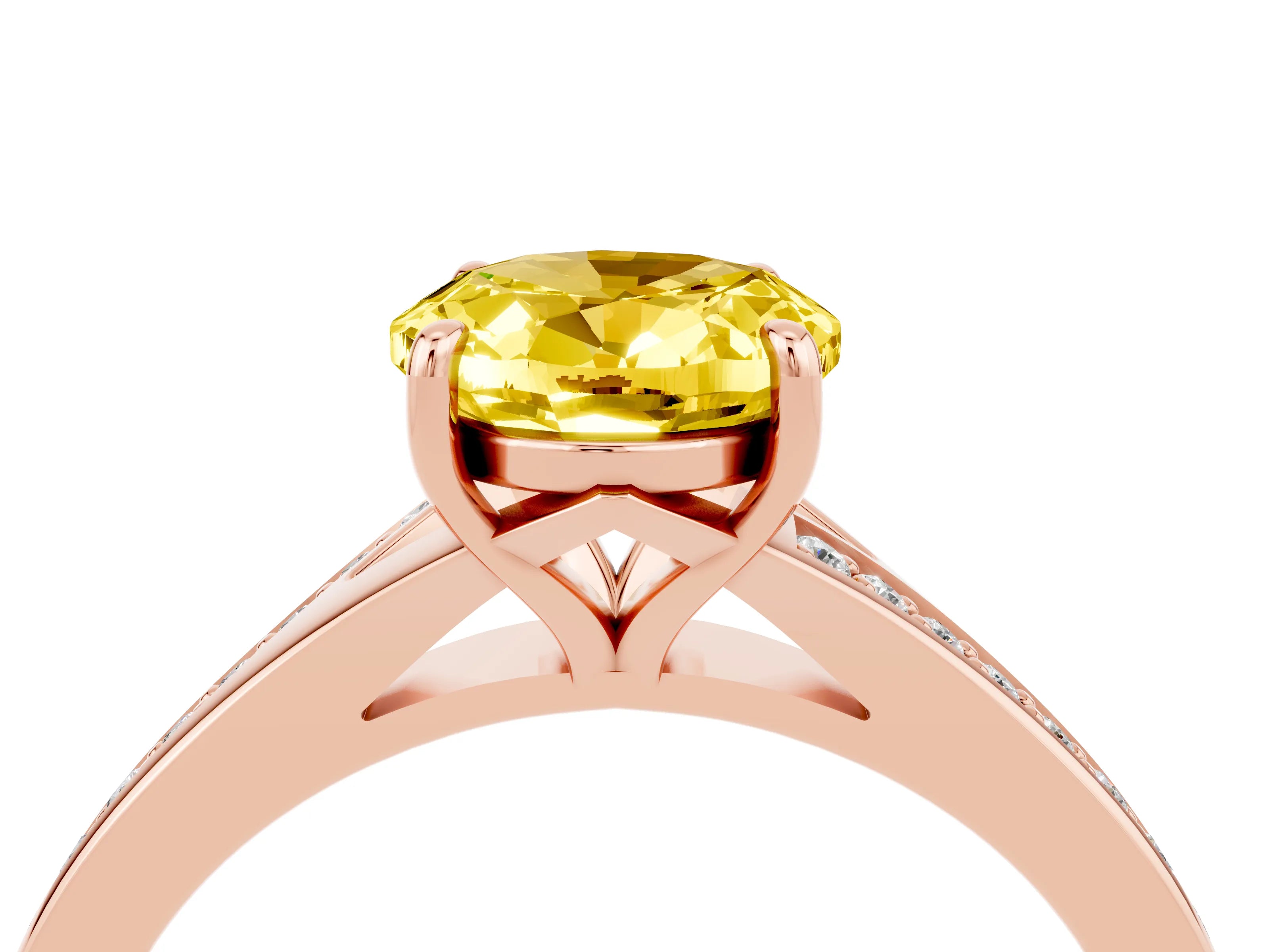 Rose gold Oval Cut Yellow Sapphire Solitaire Ring with Pavé Band and Prong Setting_16