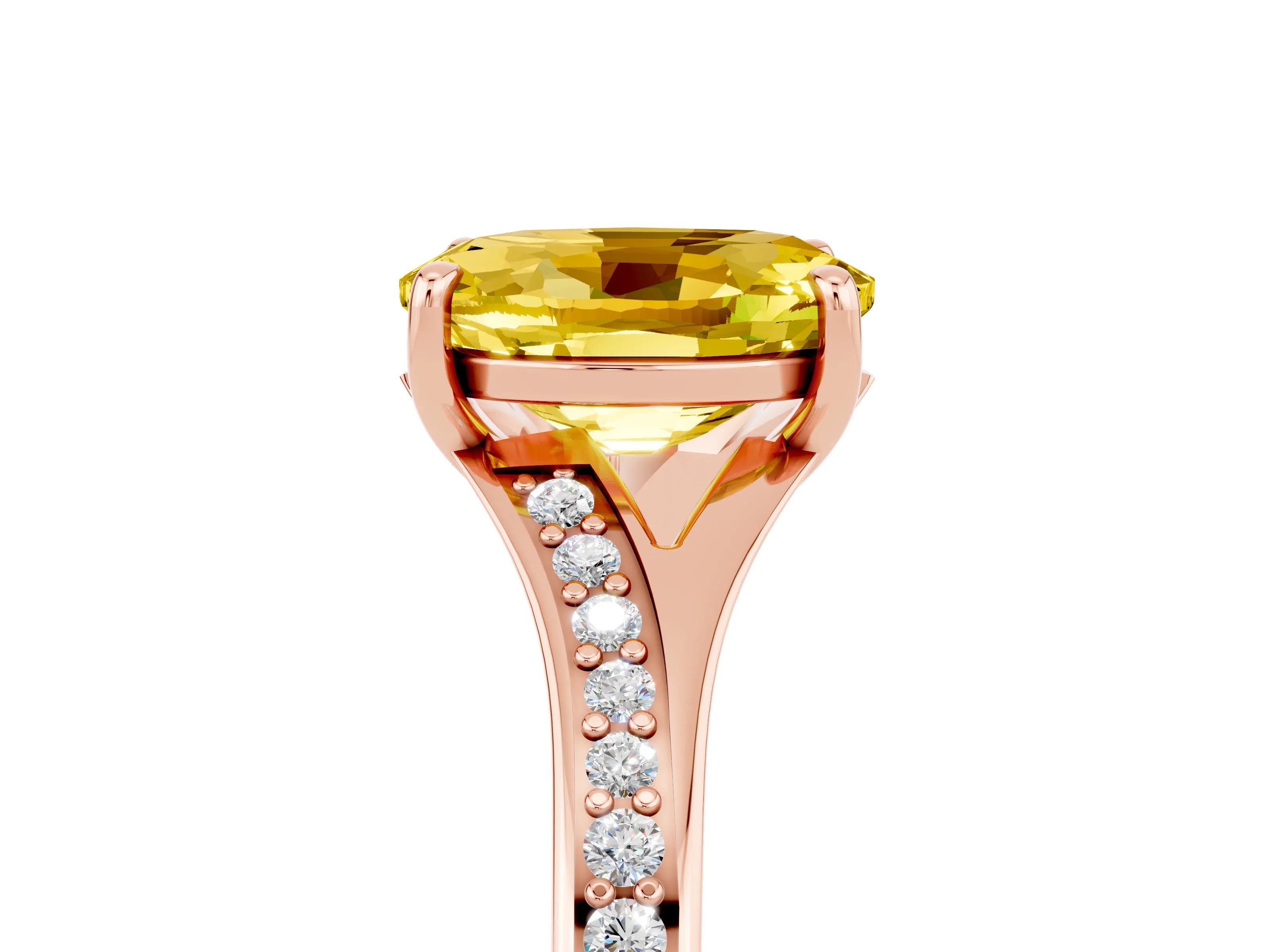 Rose gold Oval Cut Yellow Sapphire Solitaire Ring with Pavé Band and Prong Setting_17