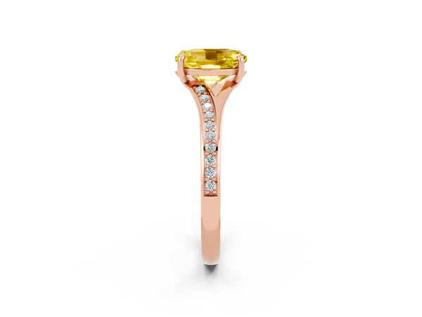 Rose gold Oval Cut Yellow Sapphire Solitaire Ring with Pavé Band and Prong Setting