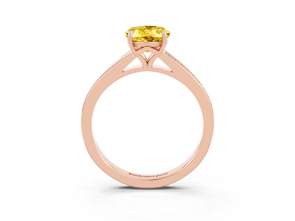Rose gold Oval Cut Yellow Sapphire Solitaire Ring with Pavé Band and Prong Setting