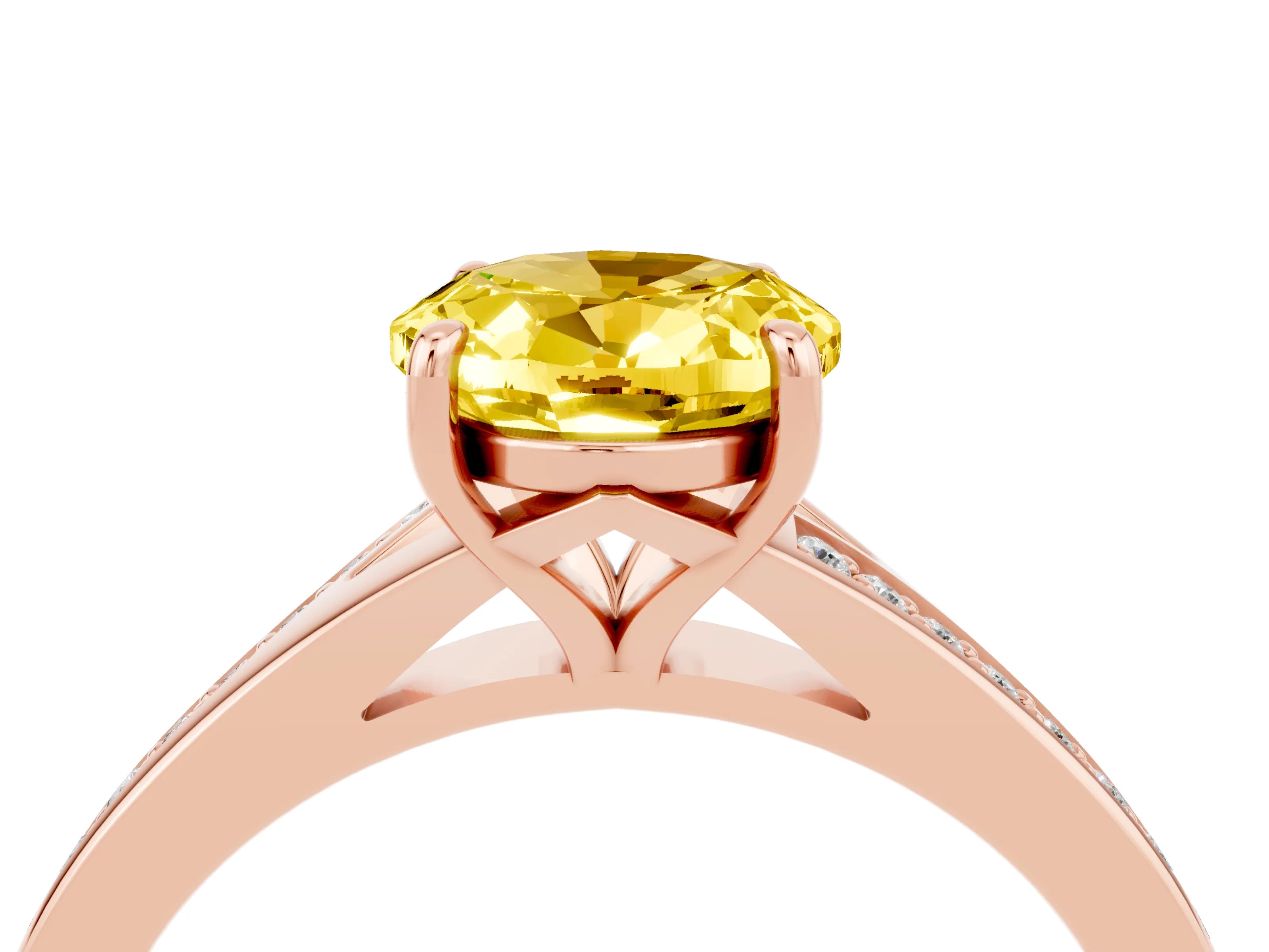 Rose gold Oval Cut Yellow Sapphire Solitaire Ring with Pavé Band and Prong Setting_4