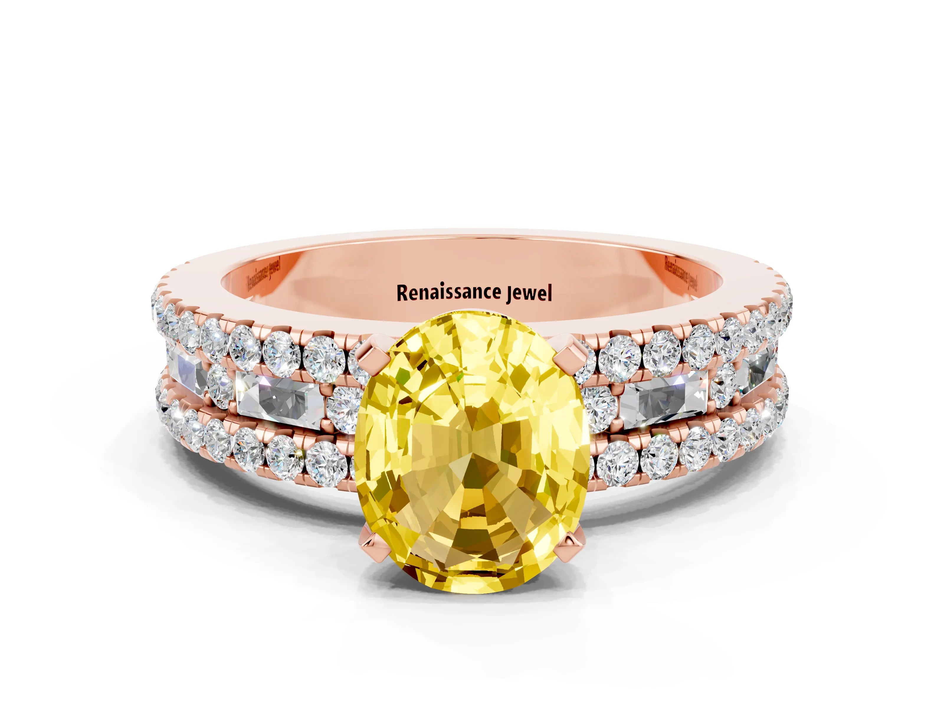 Rose gold Oval Cut Yellow Sapphire Solitaire Ring with Pavé and Channel Set Band_24