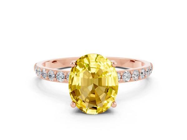 Rose gold Oval Cut Yellow Sapphire Solitaire Ring with Round  Pavé Band and Prong Setting