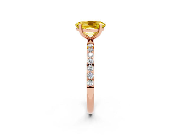 Rose gold Oval Cut Yellow Sapphire Solitaire Ring with Round  Pavé Band and Prong Setting