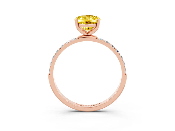 Rose gold Oval Cut Yellow Sapphire Solitaire Ring with Round  Pavé Band and Prong Setting
