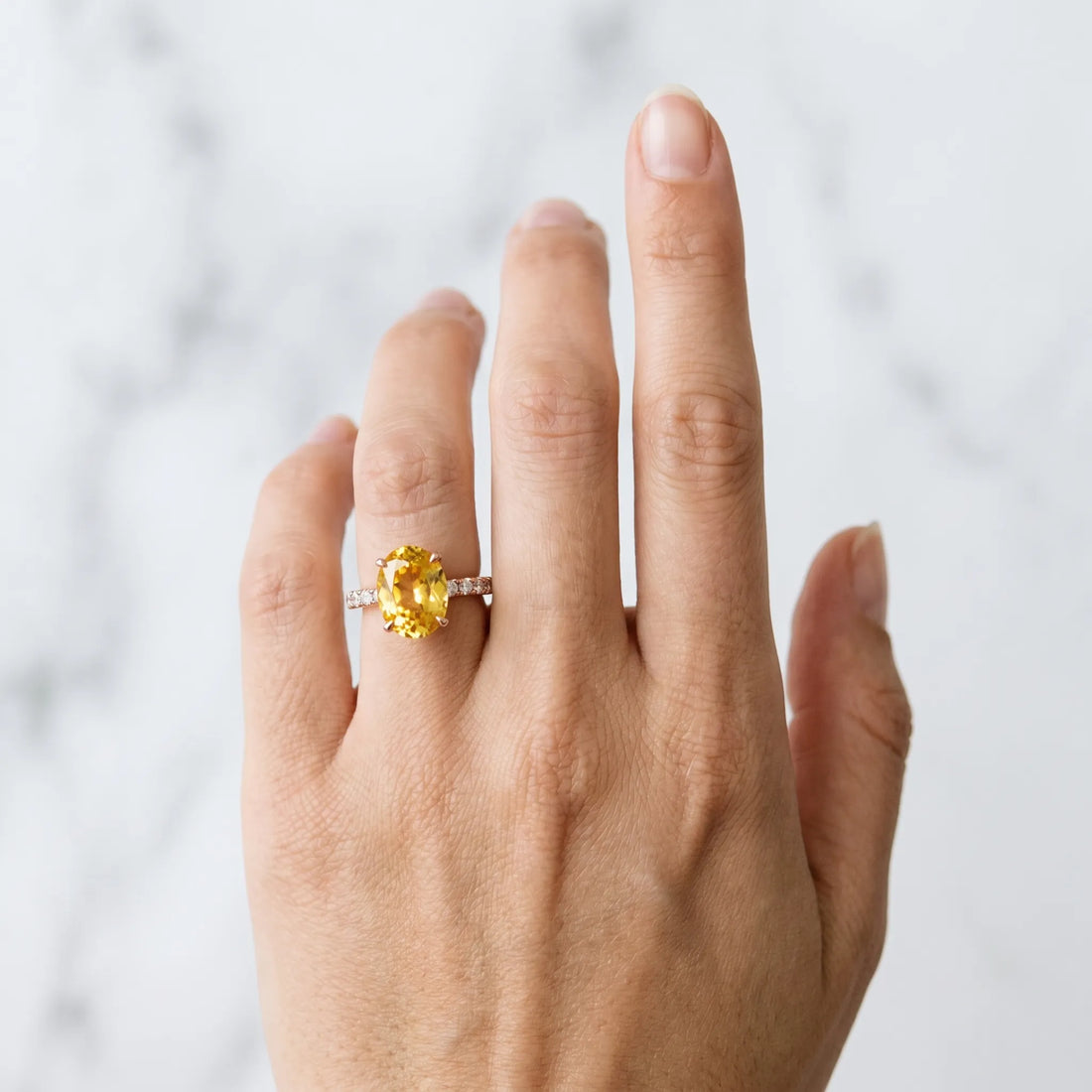 Rose gold Oval Cut Yellow Sapphire Solitaire Ring with Round  Pavé Band and Four-Prong Setting_78