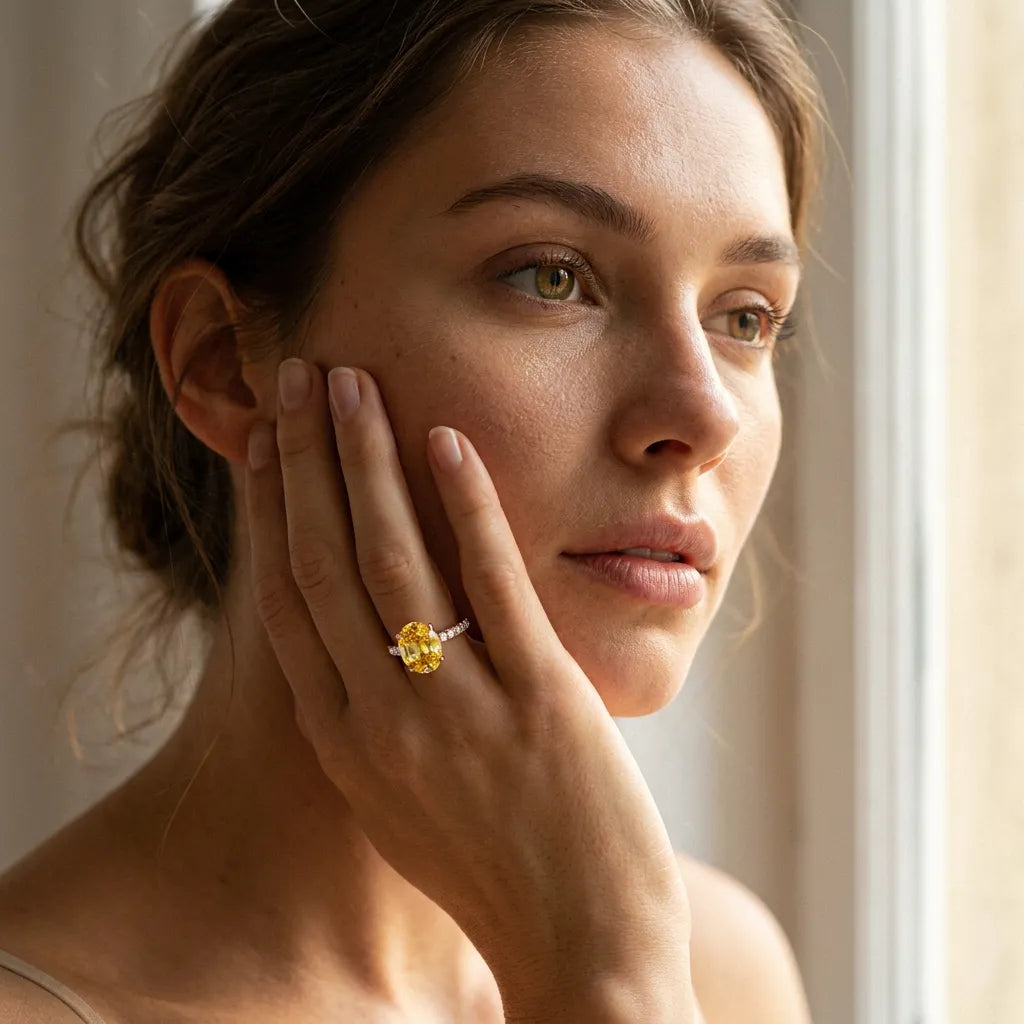 Rose gold Oval Cut Yellow Sapphire Solitaire Ring with Round  Pavé Band and Four-Prong Setting_79