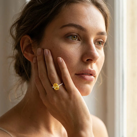 Rose gold Oval Cut Yellow Sapphire Solitaire Ring with Round  Pavé Band and Four-Prong Setting_79